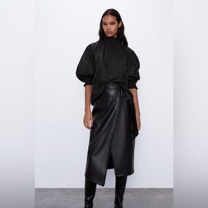 Zara Black Faux Leather Wrap Midi Skirt, M